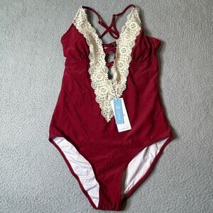Cupshe Swimsuit Womens M Burgundy Lace Plunge One Piece Swimsuit‎ NEW